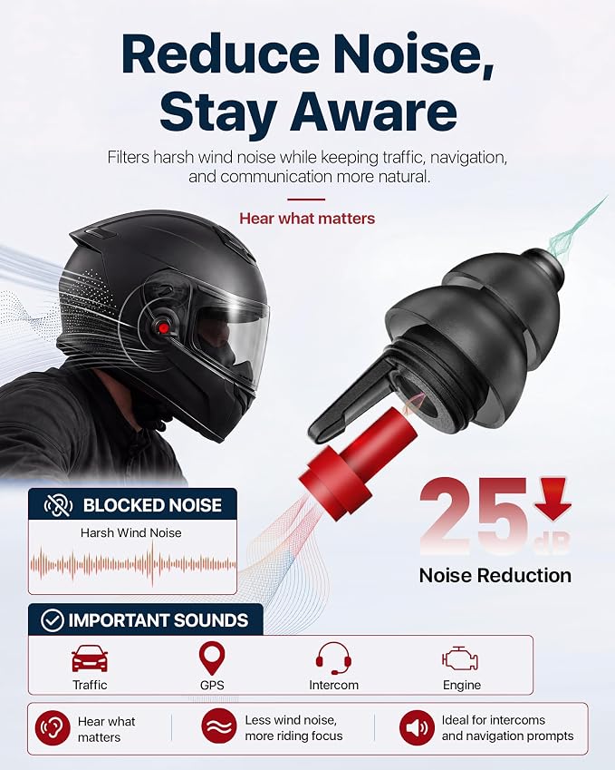 Motorcycle Ear Plugs for Wind Noise Reduction, 2 Filter Options Reusable Motorcycle Accessories, Soft Comfortable Hearing Protection Earplugs for Motorbike, Touring, Racing, Riding - 25dB Biker Gifts