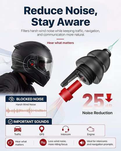 Motorcycle Ear Plugs for Wind Noise Reduction, 2 Filter Options Reusable Motorcycle Accessories, Soft Comfortable Hearing Protection Earplugs for Motorbike, Touring, Racing, Riding - 25dB Biker Gifts