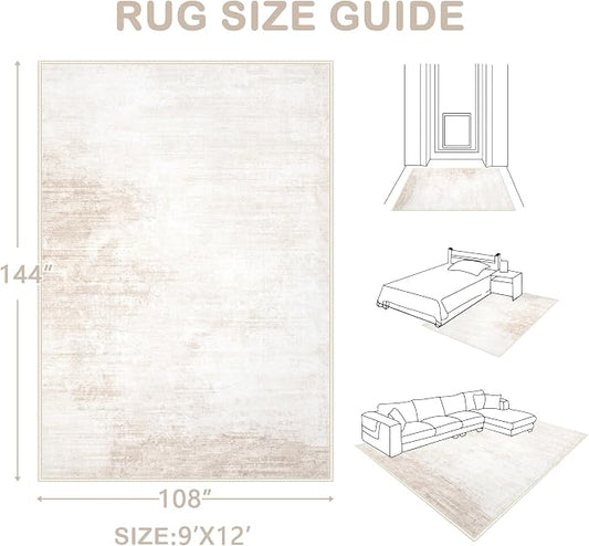Area Rugs 9x12 Living Room: Washable Rug Modern Abstract Large Rugs Soft Non Slip Neutral Rug Stain Resistant Indoor Carpet for Bedroom Kitchen Dining Room Table Nursery Home Office Rugs(Beige,9'x12')