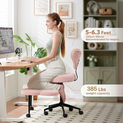 Pinmoco Ergonomic Cross Legged Chair, 360° Swivel Meditation Chair with Wheels, Height Adjustable Seat for ADHD, Strong Lumbar Support, Chic Home Office Furniture, Teddy Fabric, Pink