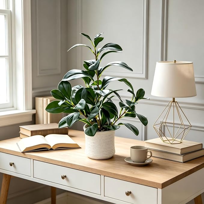 AlphaAcc 16 inch Artificial Indoor Plants Office Desk Faux Plant Peperomia Leaf Ficus Plant Realistic Small Fake Farmhouse Plants for Home Kitchen Bathroom Bedroom Evergreen Decor