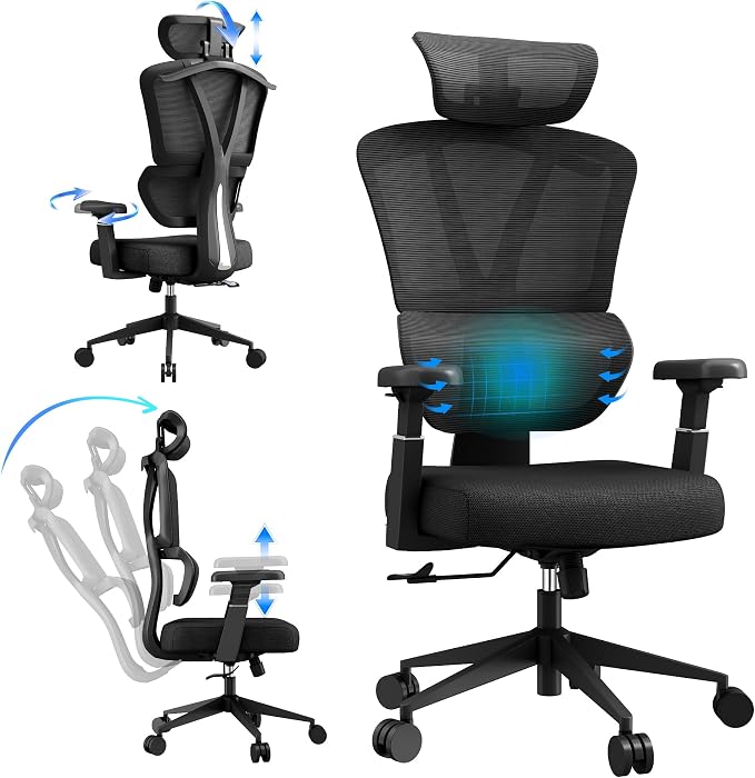 Ergonomic Mesh Office Chair, 400 lb Capacity for Work & Gaming | Mesh back and memory foam seat provide comfort, while adjustable headrest and lumbar support ease strain.