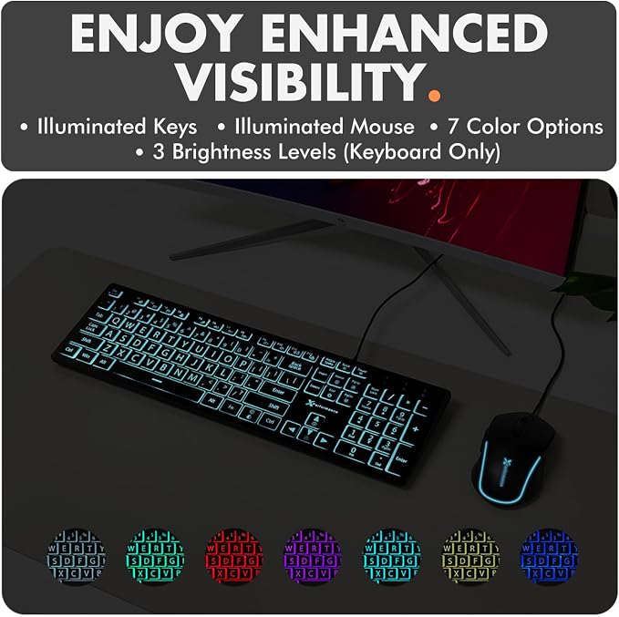 X9 Wired Keyboard and Mouse Combo - Large Print Backlit Keyboard and Mouse for Elderly, Low Vision, Visually Impaired - 7 LED Light Up Color, Lighted Large Letters for Laptop PC Computer USB