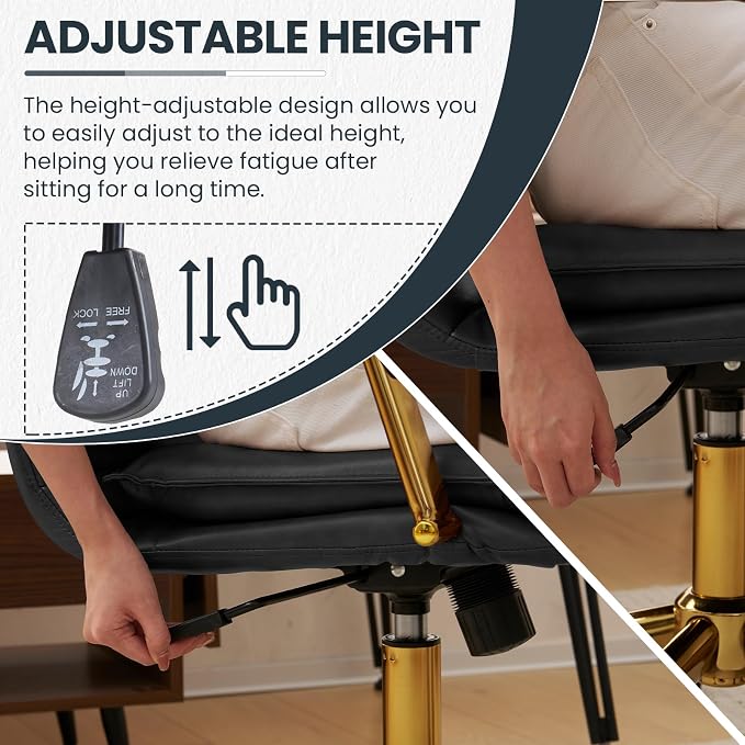 MOJAY Mid-Back Ergonomic Leather Office Desk Chair, Modern Upholstered Computer Chair, Executive Office Chair with Arms, Swivel Adjustable Rolling Chair with Gold Base (Black)