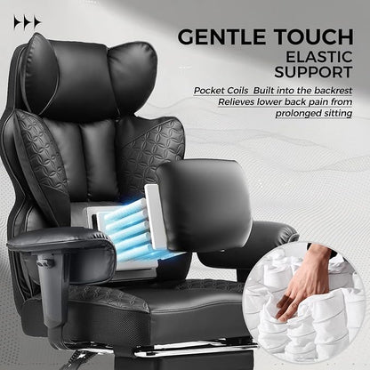 COMHOMA Big and Tall Office Chair Heavy Duty Wide Ergonomic Gaming Chair with Deluxe Embossing Leather with Foot Rest 150°Reclining Adjustable Armrests Pocket Spring Back Support and Without Pillow