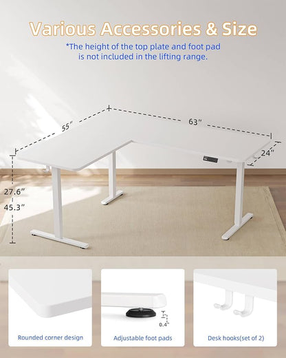 YIHAYO L Shaped Standing Desk Adjustable Height, 63 x 55 Inches Electric Corner Standing Desk with Splice Board, Computer Desk for Home Office, White
