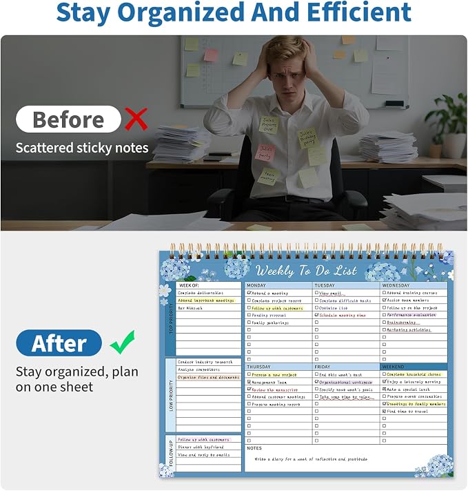 104 Pgs Weekly To Do List Notepad, 52 Duplex-Printed Undated Sheets 100 GSM（8.5"×11") Weekly Desk Planner For Work Home School Office Desk Accessories Supplies & Goal Setting Tasks -Blue Hydrangea