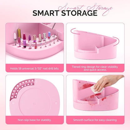 MelodySusie Nail Drill Holder & Nail Art Tools Storage Box, Large Capacity Sturdy Desk Organizer for 3/32" Nail Drill Bits, Nail Tech Supplies Container for Acrylic Salon & Home, Pink