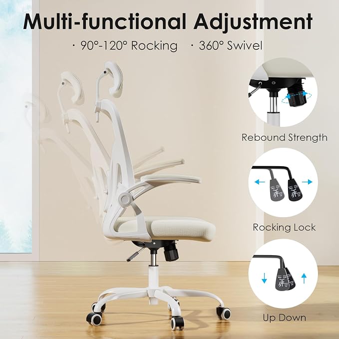 Farini Ergonomic Office Chair, Home Office Desk Chair with Headrest, High Back Swivel Computer Chair with Armrests and Adjustable Lumbar Support for Home Office Study Room, White & Beige
