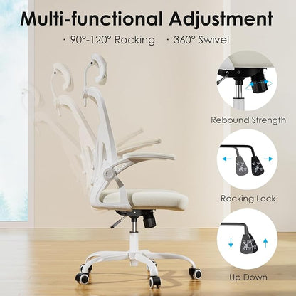 Farini Ergonomic Office Chair, Home Office Desk Chair with Headrest, High Back Swivel Computer Chair with Armrests and Adjustable Lumbar Support for Home Office Study Room, White & Beige