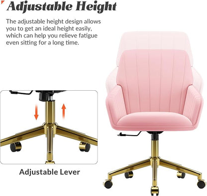 YITAI Velvet Office Desk Armchairs with Gold Base and Wheels,Modern Height Adjustable 360 Degree Swivel Upholstered Vanity Chairs for Living/Room Bedroom/Study,Pink