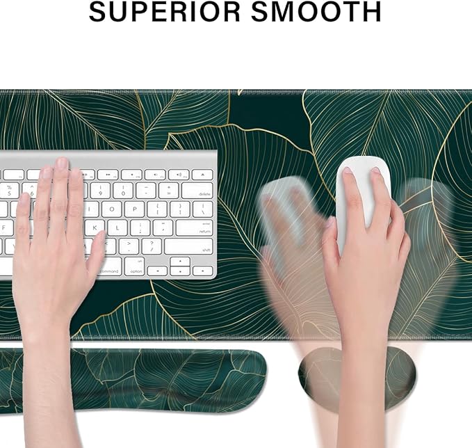 Desk Pad and Keyboard Wrist Rest, Large Mouse Pad + Keyboard Pad+Mouse Wrist Support, Non-Slip Desk Mat Protector for Office, Home 31.5×11.8 Inches Plant Leaves
