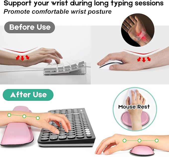 Excel Cheat Sheet Desk Pad Set, 3-Piece XXL Shortcut Mouse Pad with Keyboard and Wrist Rests, Non-Slip Office Mat, 35.5 x 15.8 in, Blush Pink