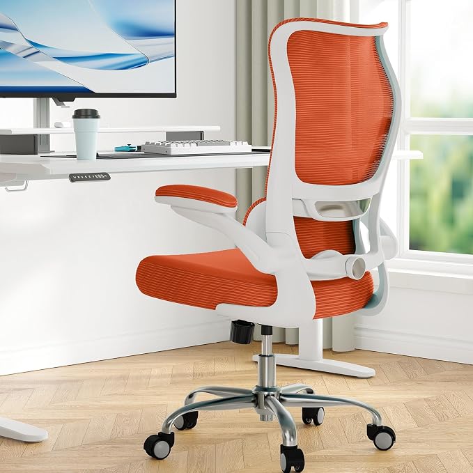 TRALT Ergonomic Office Chair - Desk Chair with Wave High Back Adjustable Lumbar Support Computer Chair - Gaming Chairs Mesh Backrest and PU Leather Seat for Home Reading Chairs to Adults (Orange)