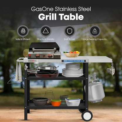 GasOne Stainless Steel Grill Table – 44 x 20-inch Rolling Grill Cart – Multifunctional Outdoor Side Table with Side Shelf, Trash Bag Hanger, Tool Holder – Ideal for Food Prep, Pizza Oven, Griddle