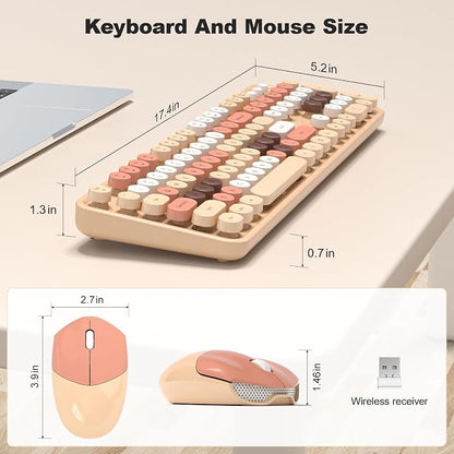 Wireless Keyboard and Mouse Combo, 2.4GHz Retro Full-Size Typewriter Keyboard with Number Pad and Wireless Mouse for PC/Laptop/Desktop/Windows (Milk Tea Colorful)