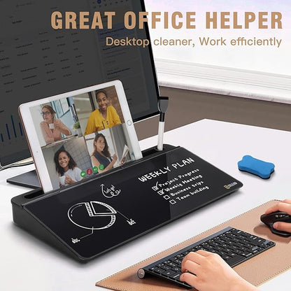 SELEAD Desktop Glass Whiteboard with Organizer, Markers, Eraser - Dry Erase Board Computer Pad Keyboard Stand with Drawer and Holder for Home, School, Office - Black
