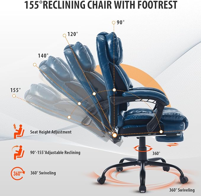 Big Tall Reclining Office Chair with Footrest, 400lbs Ergonomic Recliner Office Desk Chairs with Lumbar Support, Heavy Duty High Back Vintage Leather Executive Computer Chair with Wheels, Blue