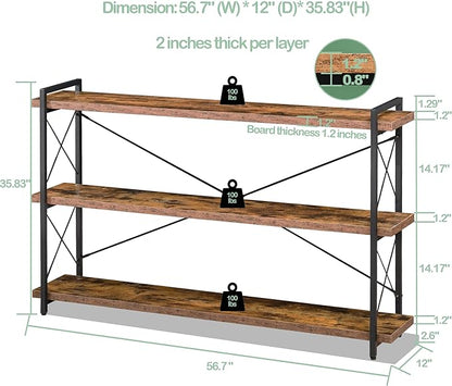 HCHQHS Bookshelf, 3-Tier Long Industrial Bookcase, Rustic Open Book Shelf, Freestanding Horizontal Bookshelves with Metal Frame