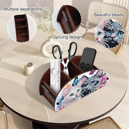 DIY Diamond Painting Storage Box Couple Cats, Handmade 5D Diamond Art Case Multi-Compartment Wooden Desktop Organizer for TV AC Remotes Makeup Brushes Pens Tabletop Holder, Valentine's Day Gift