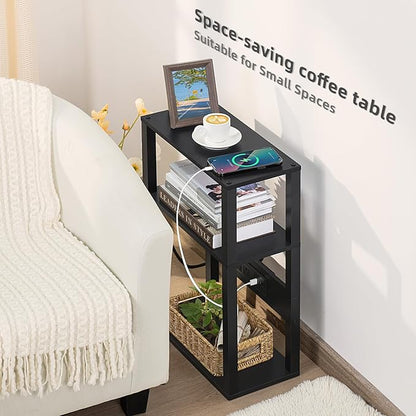 YUFAM 3-Tier Small Narrow Wood Side Table with Charging Station, Skinny Nightstand for Small Space, Slim Bedside Table with Storage for Couch, Thin End Table with USB Ports and Outlets, Black