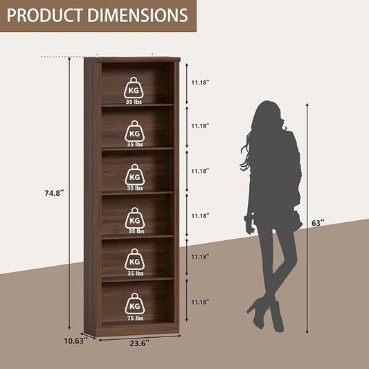 Thacuok 75" Tall Bookshelf & Bookcase, 6-Tier Adjustable Storage Shelves, Book Shelf with Anti-Tipping Device, Floor Standing Modern Display Rack for Living Room, Bedroom, Office, Walnut