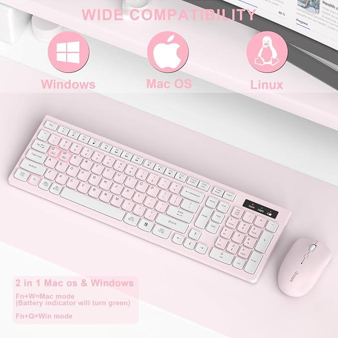 Wireless Keyboard and Mouse Combo, Reccazr 2.4G Full-Sized Keyboard and Mouse Cordless, 3 DPI Adjustable Mouse, Dual-System Keyboard for Computer/Laptop/Windows/Mac (Pink & White)