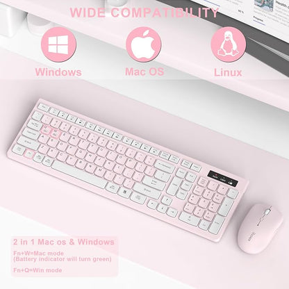 Wireless Keyboard and Mouse Combo, Reccazr 2.4G Full-Sized Keyboard and Mouse Cordless, 3 DPI Adjustable Mouse, Dual-System Keyboard for Computer/Laptop/Windows/Mac (Pink & White)