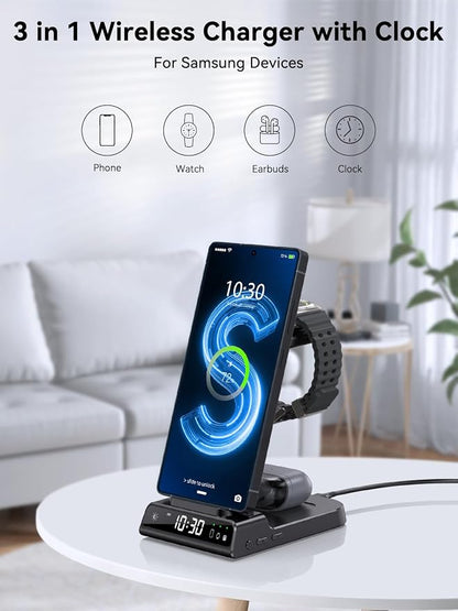Wireless Charger for Samsung Charging Station with Clock for Samsung Galaxy S25 Ultra/S24 Ultra/Z Flip 7/Fold 6/Bud, 3 in 1 Android Charging Station, Watch Charger for Samsung Galaxy Watch 8/7/6/5Pro