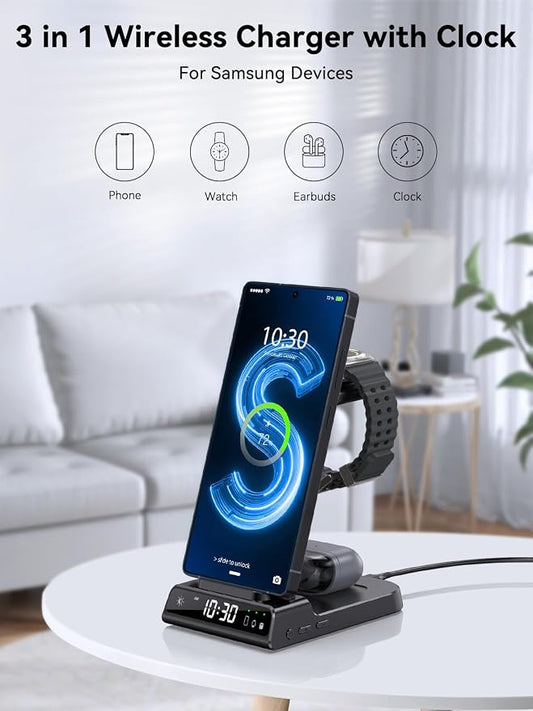 Wireless Charger for Samsung Charging Station with Clock for Samsung Galaxy S25 Ultra/S24 Ultra/Z Flip 7/Fold 6/Bud, 3 in 1 Android Charging Station, Watch Charger for Samsung Galaxy Watch 8/7/6/5Pro