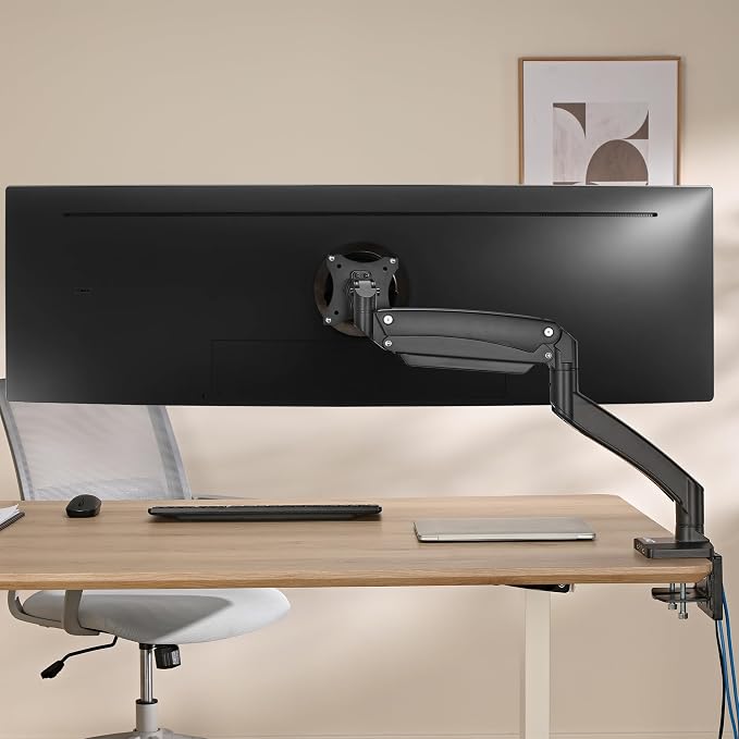 AVLT Single 17"-49" Super Ultrawide Monitor Arm Desk Mount for Screens up to 50 lbs, Premium Aluminum Stand, Adjustable Pneumatic Height, Full Motion Swivel Tilt Rotation, USB 3.0 & AUX Ports, Black
