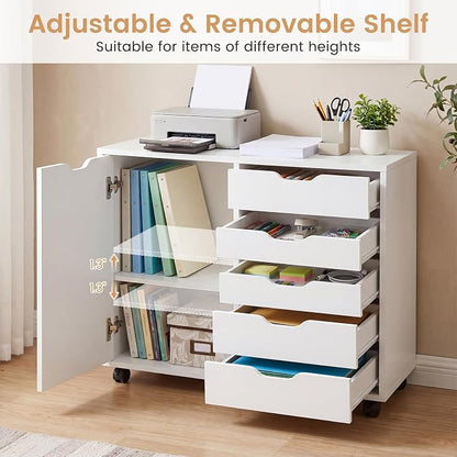 Giantex 5-Drawer File Cabinet with Wheels, Wooden Rolling Lateral Filing Cabinet with Door and Adjustable Shelf, Chest of Drawers, Mobile Printer Stand Organizer for Home Office and Bedroom (White)