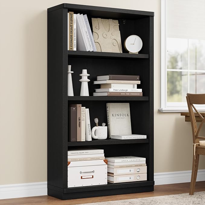 Rresyet 4 -Tier Bookcase, 31" Tall Book Shelf, 55” Wide Bookshelves, Wooden Bookcase Display Storage for Home Office, Living Room and Study Room (Black)