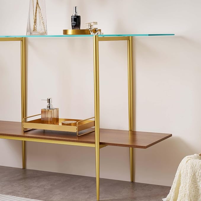 LumFurn Extra Large Glass Console Table for Living Room, Foyer & Entrance, L47 x W16 x H31, Mid-Century Modern Sofa Table with Clear Glass Top, Walnut Finish Wood Top and Gold Finish Metal Frame