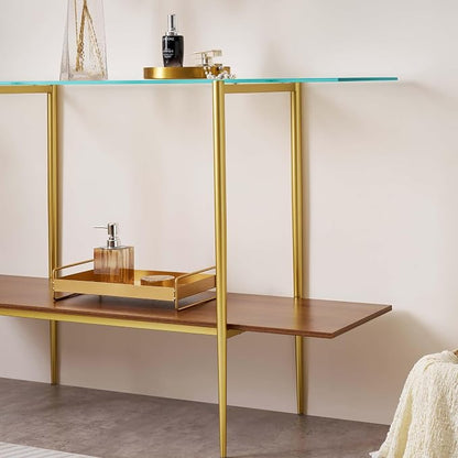 LumFurn Extra Large Glass Console Table for Living Room, Foyer & Entrance, L47 x W16 x H31, Mid-Century Modern Sofa Table with Clear Glass Top, Walnut Finish Wood Top and Gold Finish Metal Frame