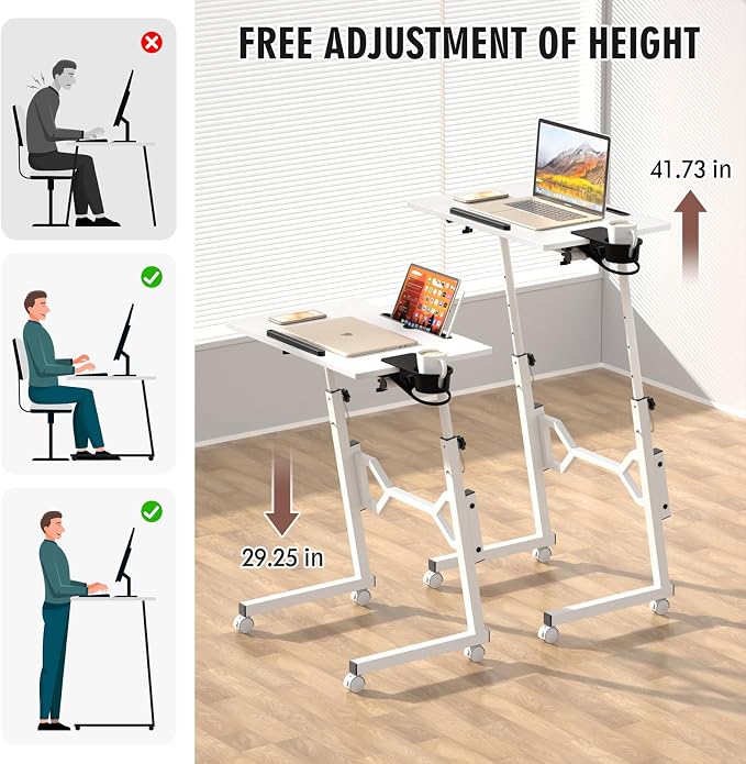 Enayplon Small Standing Desk with Wheels, Portable Treadmill Desk, Rolling Desk Adjustable Height for Laptop, Mobile Standing Table for Walking Pad, Bedside Table