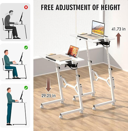 Enayplon Small Standing Desk with Wheels, Portable Treadmill Desk, Rolling Desk Adjustable Height for Laptop, Mobile Standing Table for Walking Pad, Bedside Table