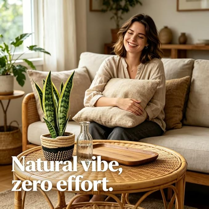 15" Artificial Snake Plant in Black Woven Planter Realistic Faux Sansevieria with Lush Green Leaves Modern Fake Potted Decor for Home Office Living Room and Bedroom