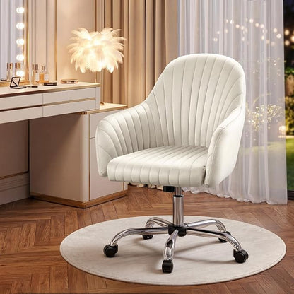 Warmiehomy Velvet Desk Chair for Home Office, Modern Adjustable Swivel Task Chair, Women Vanity Chairs with Arm Rest for Bedroom Dressing Room, Cozy Beige