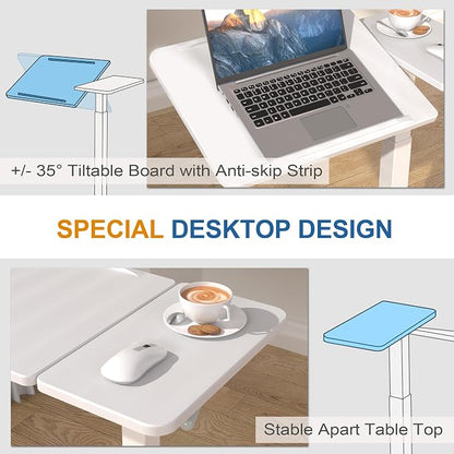 Adjustable Overbed Bedside Table with Hidden Wheels, Pneumatic Tilt Board Rolling Laptop Standing Desk Cart, Mobile Over Bed Sofa Chair Side End Tables, Walnut (White)