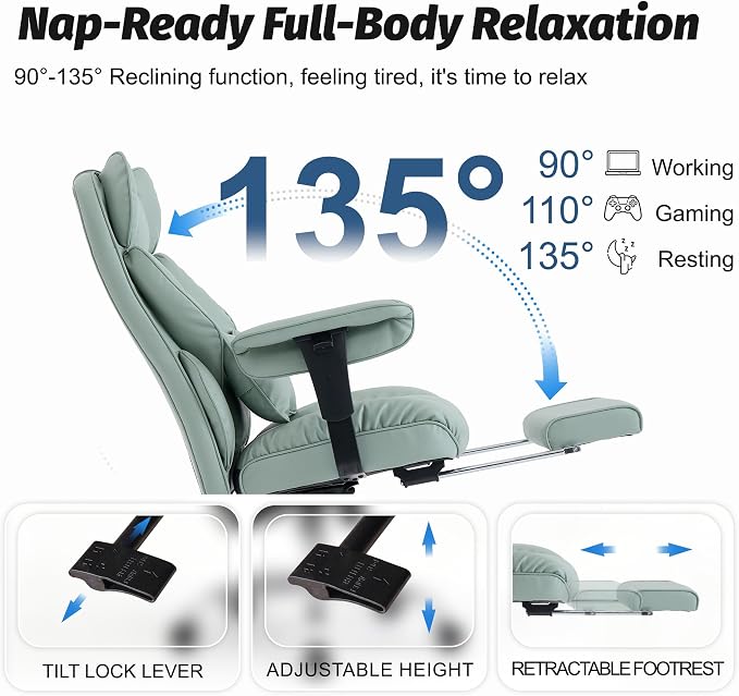 Efomao Executive Office Chair 400lbs,Green Big and Tall Desk Chair | Mattress-grade pocket spring cushion, sleek leather, 135° recline & footrest for computer gaming setup.