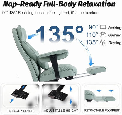 Efomao Executive Office Chair 400lbs,Green Big and Tall Desk Chair | Mattress-grade pocket spring cushion, sleek leather, 135° recline & footrest for computer gaming setup.