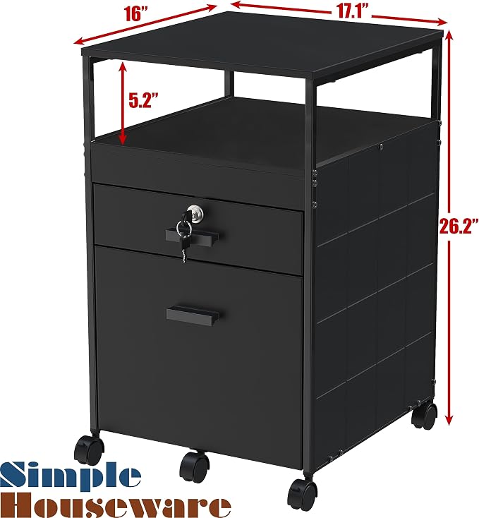 SHW Box File Rolling Mobile Cabinet with Open Shelf and Lockable Drawer, Black