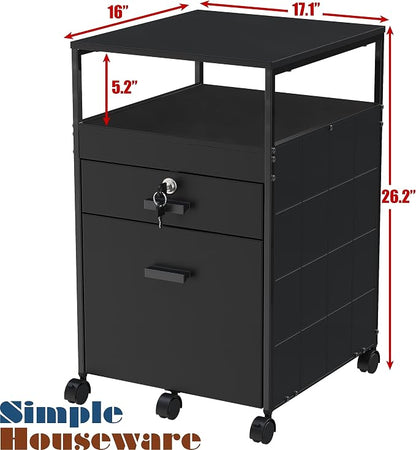 SHW Box File Rolling Mobile Cabinet with Open Shelf and Lockable Drawer, Black