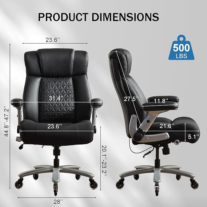 600lbs Big and Tall Office Chair with Flip Arms, Wide Plus Size Chair with Adjustable Lumbar Support for Heavy People, Ergonomic Chair with Breathable Leather, Quiet Rubber Wheels, Black