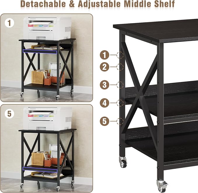 VENNQD 23.6 x 23.6 x 30.3 Inches Printer Stand, Large Printer Table with Adjustable Middle Shelf, Rolling Printer Cart with Wheels, 3 Tier Printer Table for Home Office Living Room Scanner Fax, Black
