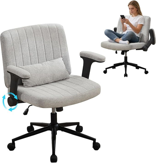 IPKIG Criss Cross Chair with Adjustable Flip-up Arms, Vanity Chair with Wheels, Comfy Desk Chair with Lumbar Pillow Swivel Wide Office Chair for Home Office, Bedroom (Linen, Grey)