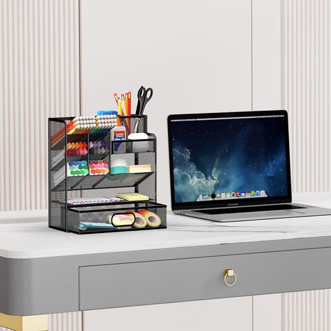 Pen Organizer for Desk - Multi-Functional Pencil Holder with Drawer Desk Organizers, Large Capacity Storage for School Office Home Supplies (Black)
