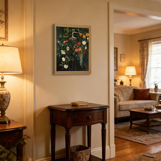 CXQILVER Vintage Framed Floral Bathroom Wall Art Canvas, Green Botanical Flowers Shower Wall Decor, Rustic Farmhouse Bathroom Decor Aesthetic Picture Artwork for Bedroom Living Room Guest Bath 16x24in