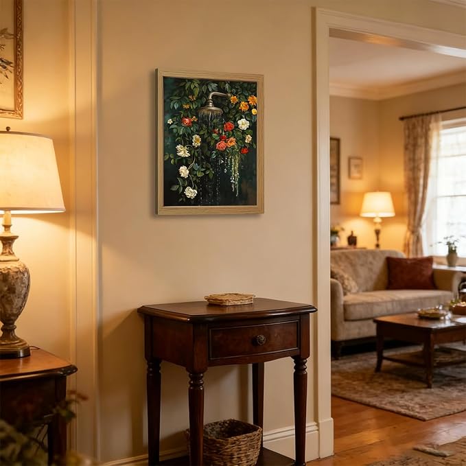CXQILVER Vintage Framed Floral Bathroom Wall Art Canvas, Green Botanical Flowers Shower Wall Decor, Rustic Farmhouse Bathroom Decor Aesthetic Picture Artwork for Bedroom Living Room Guest Bath 12x16in